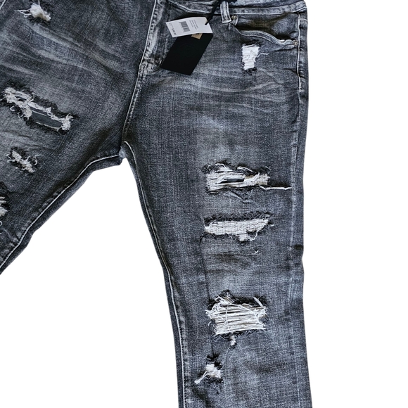 Men’s Slim Taper Fit Distressed Black/Gray Denim Jeans Size 42x32 - Picture 3 of 9